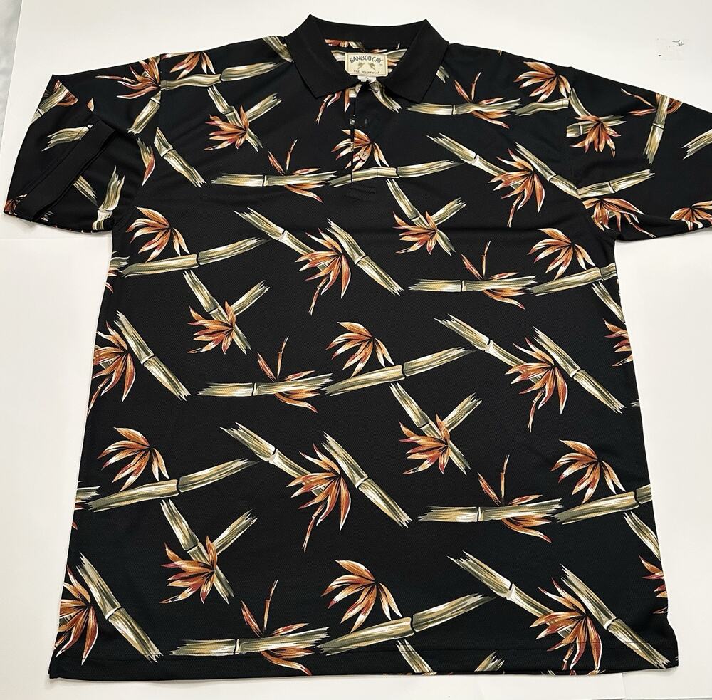 Bamboo Cay Men’s Resort Polo Shirt Black Tropical Bamboo Floral Print Sz XL